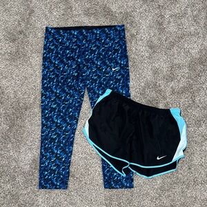 Nike Blue Patterned Leggings with Black Shorts and Aqua Trim